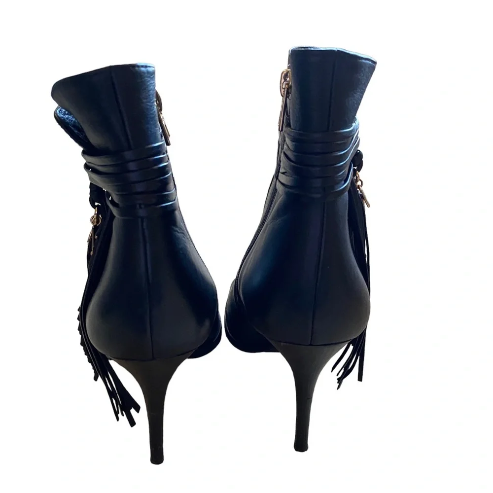 Coach Black Leather Peep-Toe Stiletto Ankle Boots with Feather Tassel